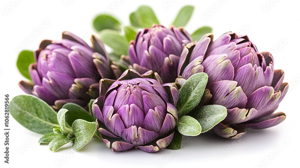 Fototapeta premium Vibrant purple artichoke flowers with lush green leaves blooming together in a natural garden setting. The delicate petals and intricate floral structure create a beautiful,botanical composition.
