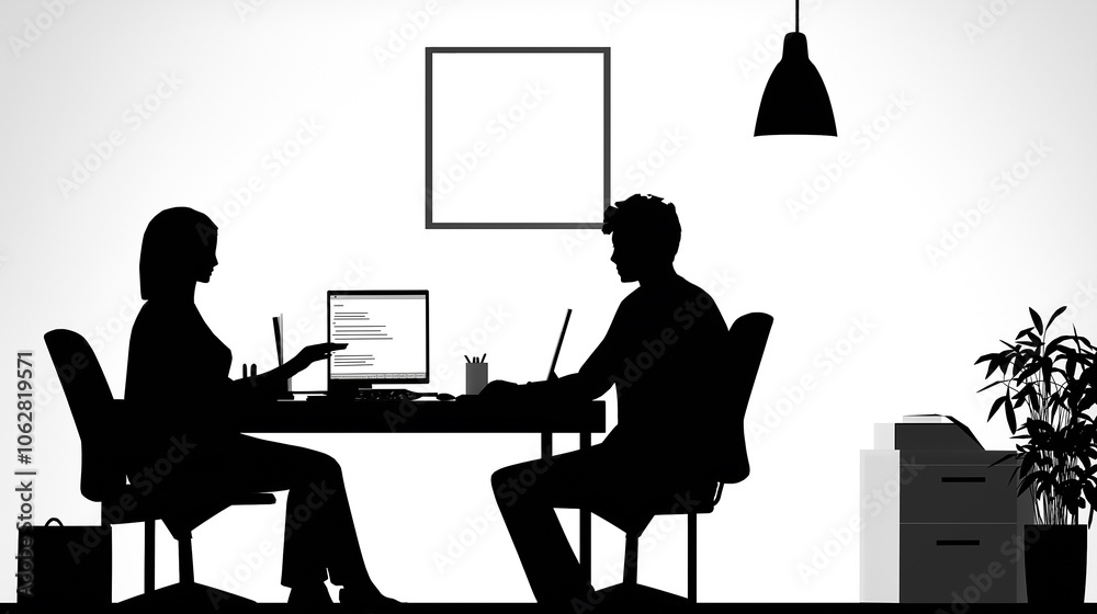 オフィスで働く会社員のシルエットイラスト