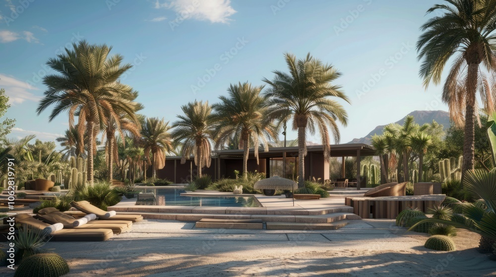 Remote desert oasis with palm trees and clear skies, providing a peaceful setting for outdoor yoga Remote desert oasis with palm trees and clear skies, providing a peaceful setting for outdoor yoga