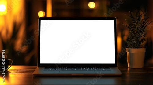 Laptop with blank screen on wooden table with a plant in the background.