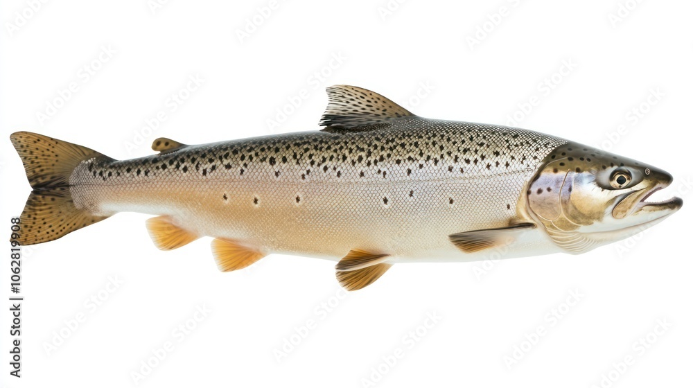 Naklejka premium A single salmon fish with gray scales and a slight orange hue, swimming to the right, isolated on a white background.