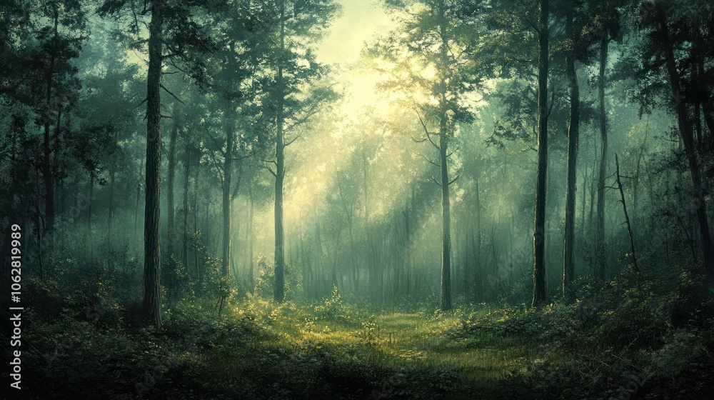 Sunbeams Illuminating a Misty Forest Path Sunbeams Illuminating a Misty Forest Path