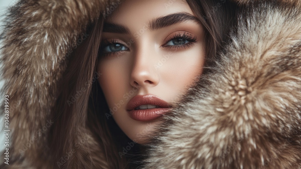 Close-up portrait of a young woman with long brown hair and blue eyes, wearing a fur coat. She is looking directly at the camera with a serious expression. Close-up portrait of a young woman with long brown hair and blue eyes, wearing a fur coat. She is looking directly at the camera with a serious expression.