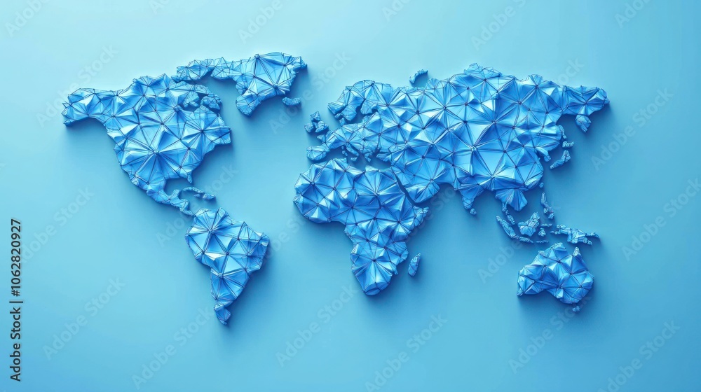 A blue, low-poly world map on a light blue background. A blue, low-poly world map on a light blue background.