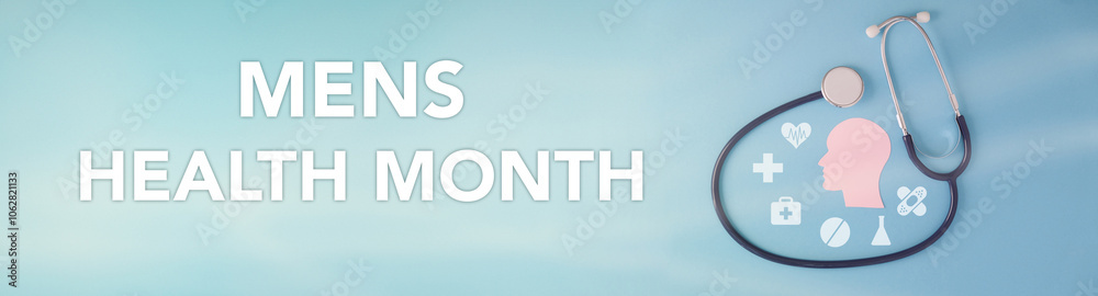 Mens health month concept horizontal banner design template with blue ribbon and text isolated on white background. June is national mens health awareness month vector flyer or poster Mens health month concept horizontal banner design template with blue ribbon and text isolated on white background. June is national mens health awareness month vector flyer or poster