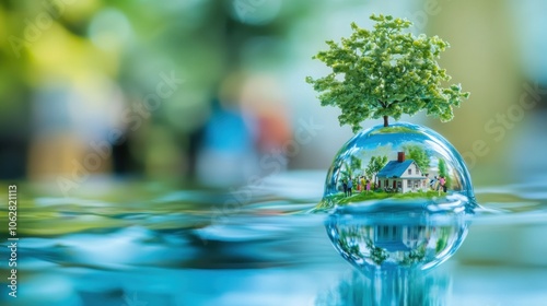A small house, a tree, and people are inside a water drop. The drop floats on the water, surrounded by a green background.