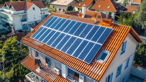 Solar panel array on a residential roofto photo