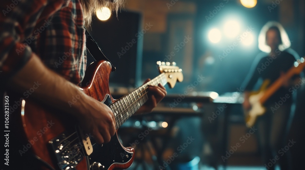 Obraz premium A guitarist plays a red electric guitar with a blurred bandmate playing bass in the background during a concert.