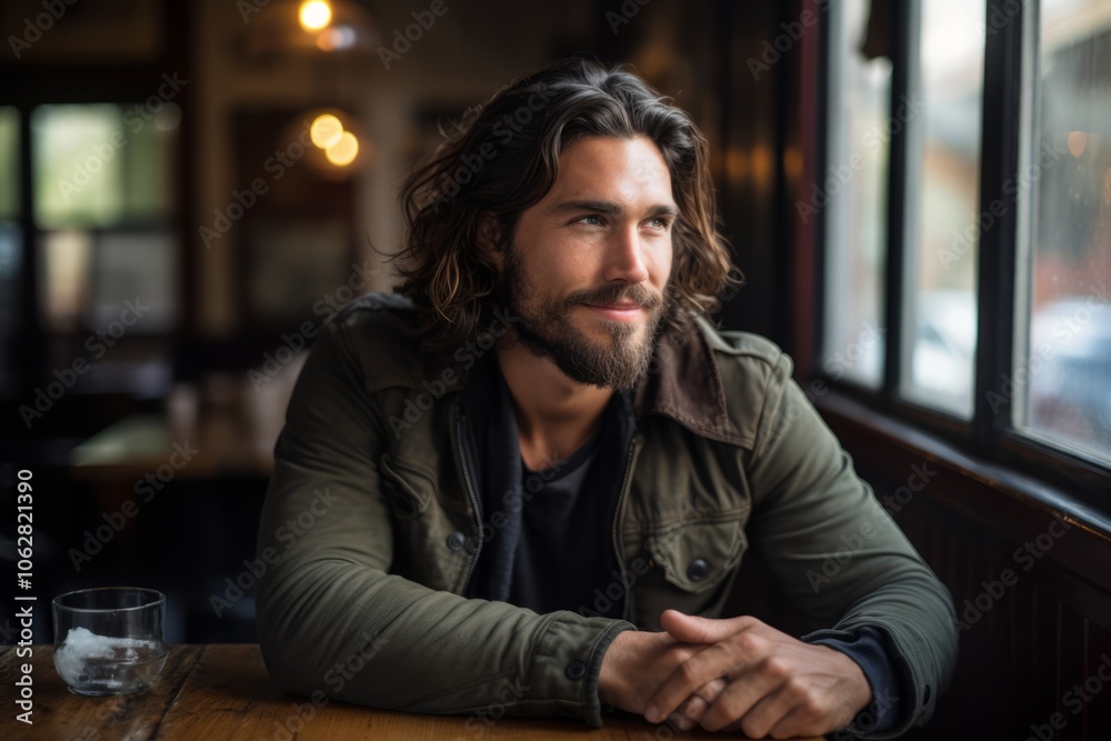 Portrait of a handsome young man sitting in a pub or restaurant. Portrait of a handsome young man sitting in a pub or restaurant.