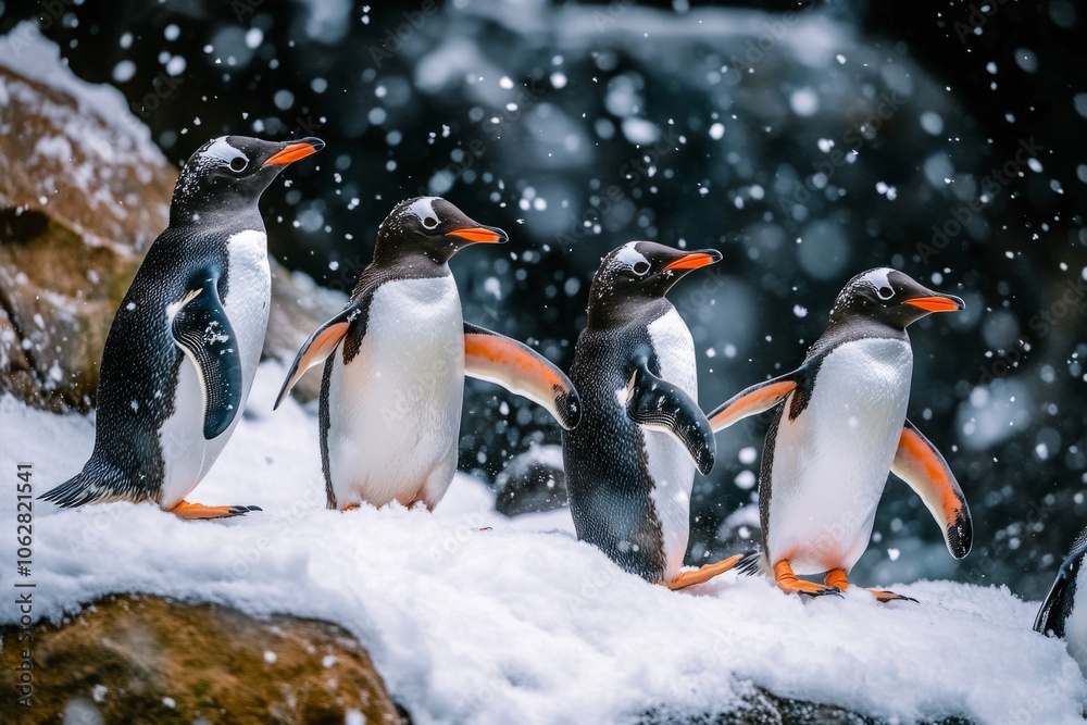 Fototapeta premium Gentoo penguins waddle through falling snow in a winter wonderland. They showcase their playful nature in this stunning image of wildlife. Captured in a natural setting. Generative AI