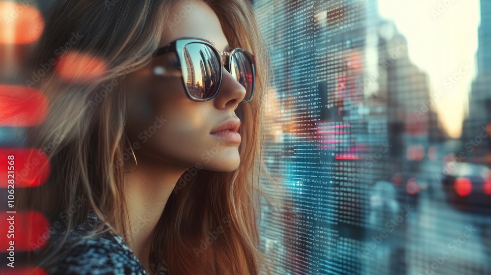 A young woman wearing sunglasses looks out of a window at a cityscape with a digital overlay.