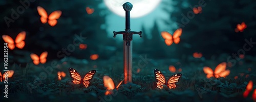 Sword surrounded by glowing butterflies under a mystical moonlight. photo