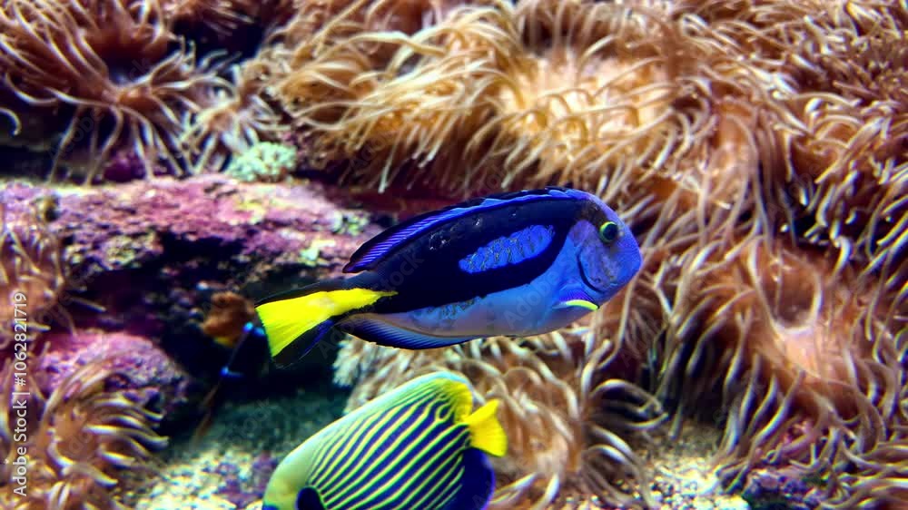 Blue tang fish swims among corals in a vibrant underwater scene