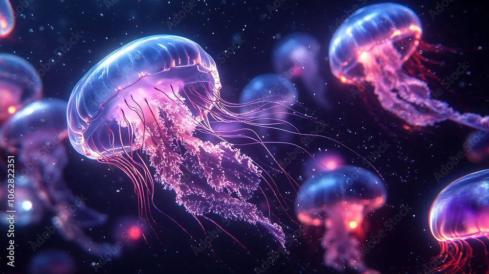 Luminous Jellyfish with Neon Glow in Deep Sea Illustration Luminous Jellyfish with Neon Glow in Deep Sea Illustration