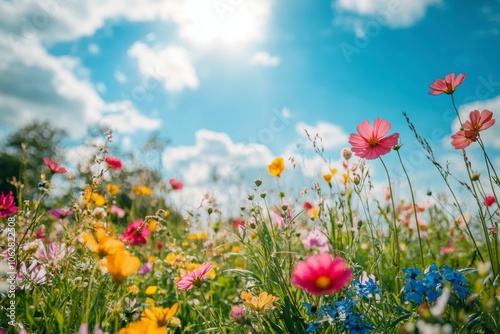 Beautiful summer fields with blooming poppies and green grass, calm atmosphere, sunny day