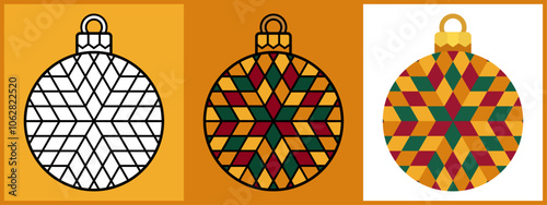 Christmas Ornament Balls with 6 Point Star Stained Glass Pattern, Outline Coloring Flat style. Vector illustration.
