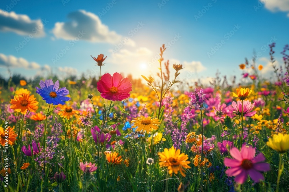 Beautiful summer fields with blooming poppies and green grass, calm atmosphere, sunny day