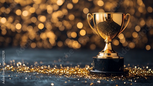 Shiny trophy on black surface with golden glitter background, symbolizing achievement. photo