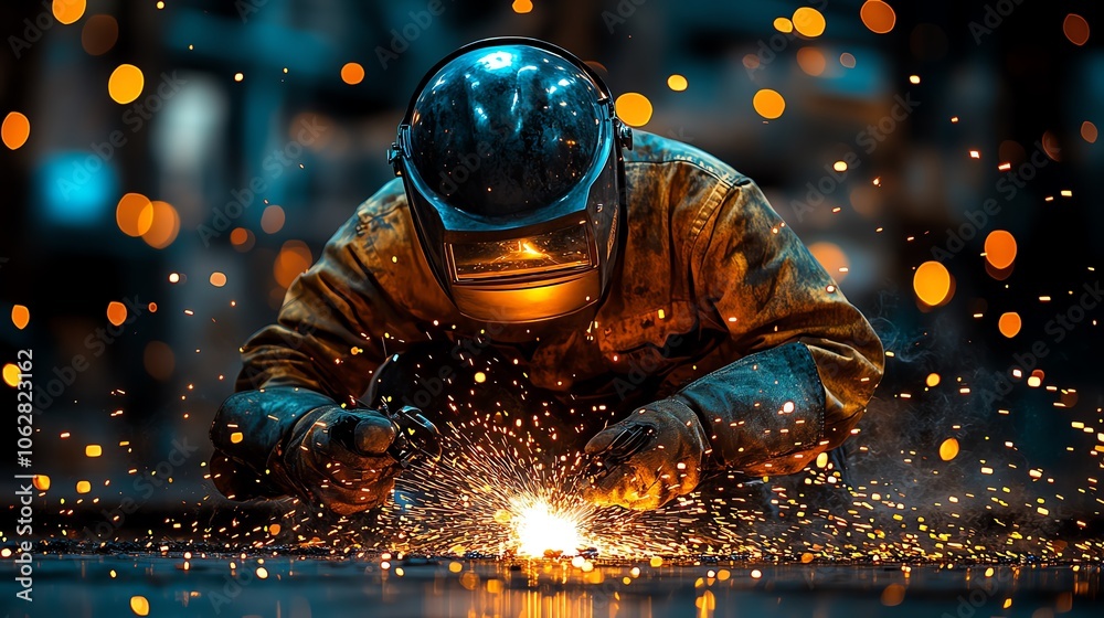 Welder working with sparks, intense focus, dark background, industrial setting. Welder working with sparks, intense focus, dark background, industrial setting.