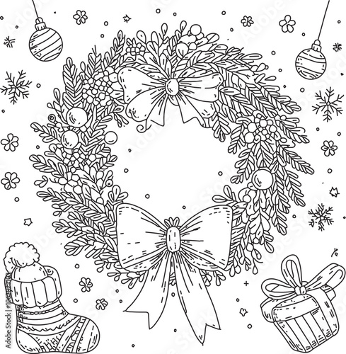 beautifully designed holiday wreath filled with colorful ornaments, flowers, and a bow is ready for a relaxing coloring page