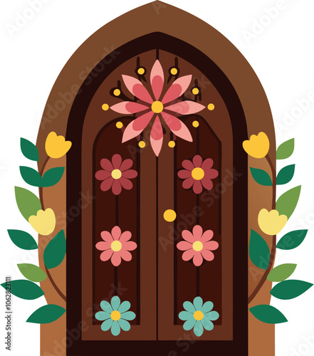 Cartoon decorated Wooden door with greenery and flowers vector illustrations on white background generated Ai