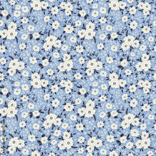 Colorful ditsy seamless pattern. Vector floral wallpaper with flowers and leaves. Gentle botanical background. Print for fabric, paper, kids clothes and accessories