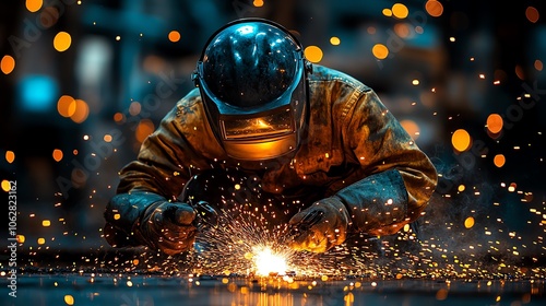 Welder working with sparks, intense focus, dark background, industrial setting.