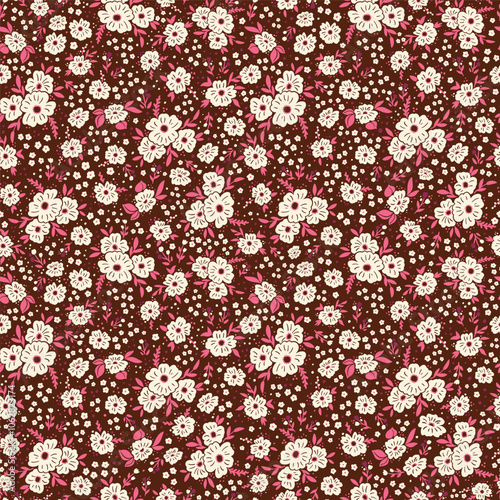 Colorful ditsy seamless pattern. Vector floral wallpaper with flowers and leaves. Gentle botanical background. Print for fabric, paper, kids clothes and accessories