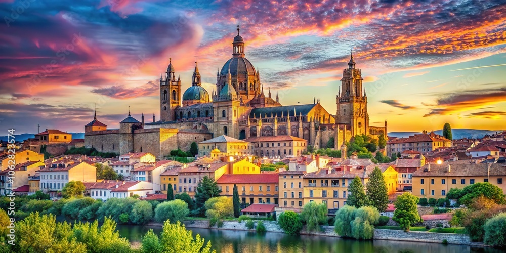 Fototapeta premium Experience the breathtaking Salamanca skyline poster showcasing iconic landmarks and vibrant colors, perfect for enhancing your home or office decor with an artistic touch.