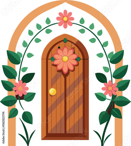Cartoon decorated Wooden door with greenery and flowers vector illustrations on white background generated Ai