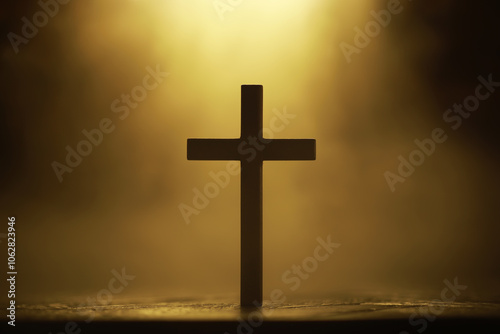 Canvas Print Silhouetted Cross Against Golden Glowing Backdrop Symbolizing Faith and Spiritua