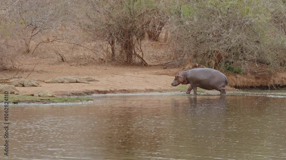 Static view showcases African Hippopotamus or Hippo in Kruger National Park South Africa walking out of muddy water wiggling ears towards crocodiles Static view showcases African Hippopotamus or Hippo in Kruger National Park South Africa walking out of muddy water wiggling ears towards crocodiles