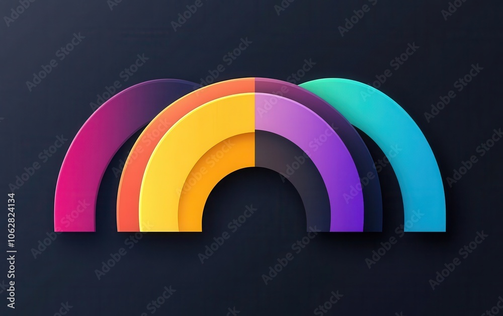 Modern infographic design with three bold arcs in vivid colors, layered in an overlapping pattern on a deep black gradient backdrop Modern infographic design with three bold arcs in vivid colors, layered in an overlapping pattern on a deep black gradient backdrop