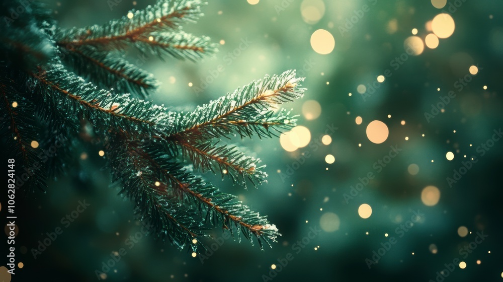 Blurry green fir tree branch bokeh lights Blurry green fir tree branch bokeh lights