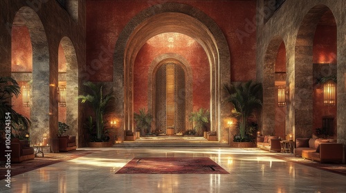 Elegant interior with arches, warm lighting, and lush plants.