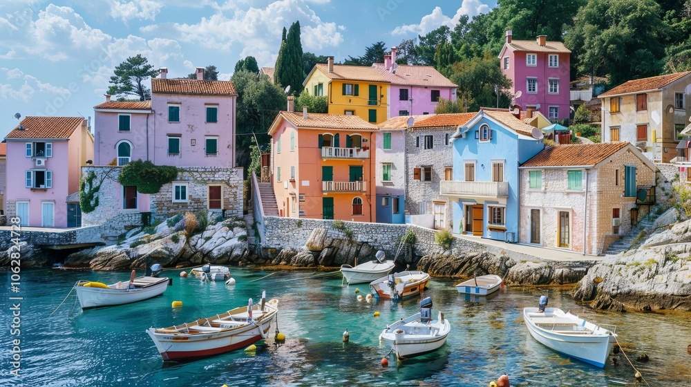Obraz premium A picturesque coastal village with pastel-colored houses and fishing boats