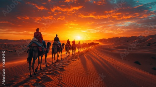 Camel caravan at sunset in a desert landscape.