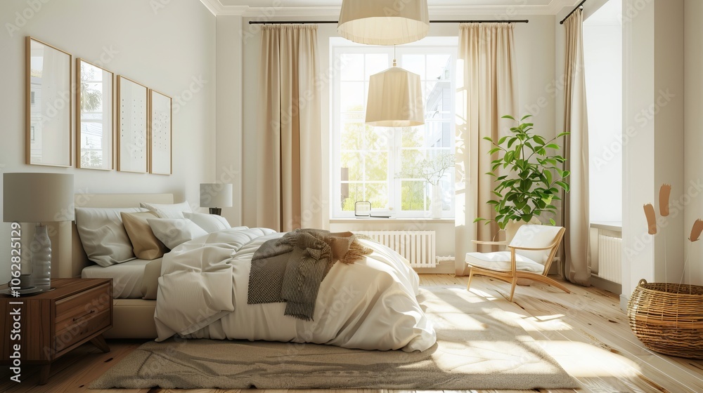 Fototapeta premium A renovated bedroom with fresh paint, new flooring, and modern decor