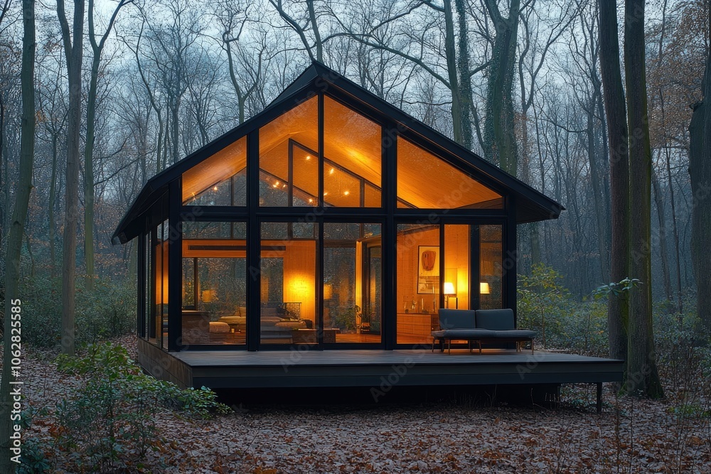 Modern cabin in the forest, lit up at dusk. This photo depicts a cozy and inviting cabin in the woods, ideal for showcasing themes of nature, escape, and relaxation. Modern cabin in the forest, lit up at dusk. This photo depicts a cozy and inviting cabin in the woods, ideal for showcasing themes of nature, escape, and relaxation.