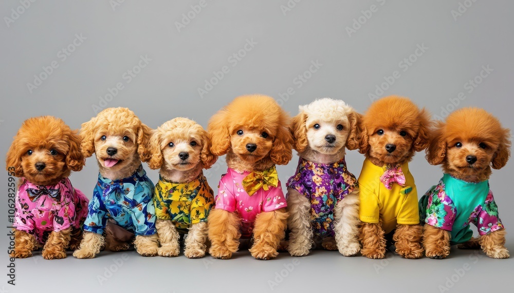 Group of poodle puppies in chic, colorful outfits against a minimalist background. Group of poodle puppies in chic, colorful outfits against a minimalist background.