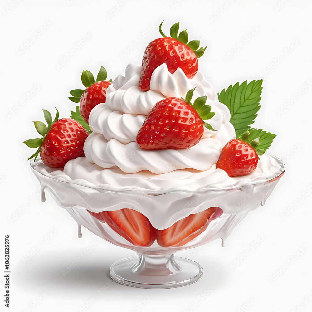 Strawberry on whipped cream isolated on white background Strawberry on whipped cream isolated on white background