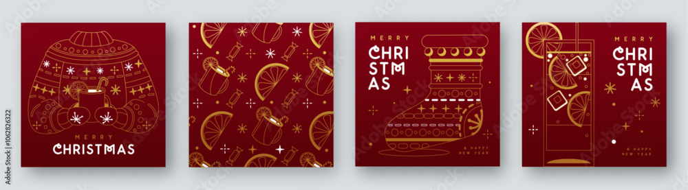 Fototapeta premium Set of Merry Christmas and Happy New Year line art greeting cards, covers or posters with holiday attributes. Christmas background. Vector illustration