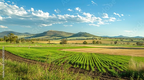 A thriving agricultural landscape with fields of crops and grazing livestock