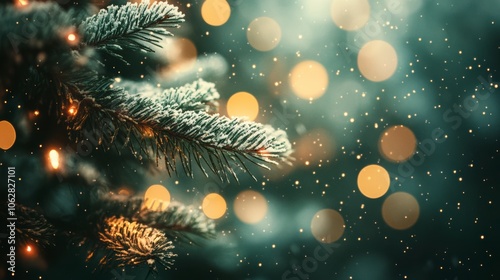 Blurry green fir tree branch bokeh lights