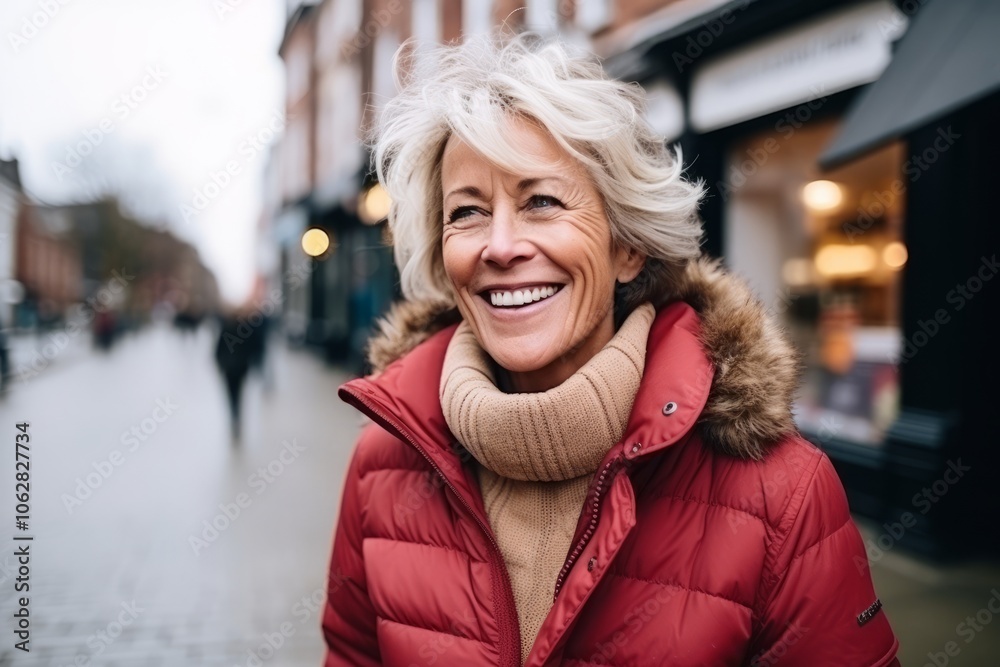 Portrait of a smiling senior woman walking in the city street.