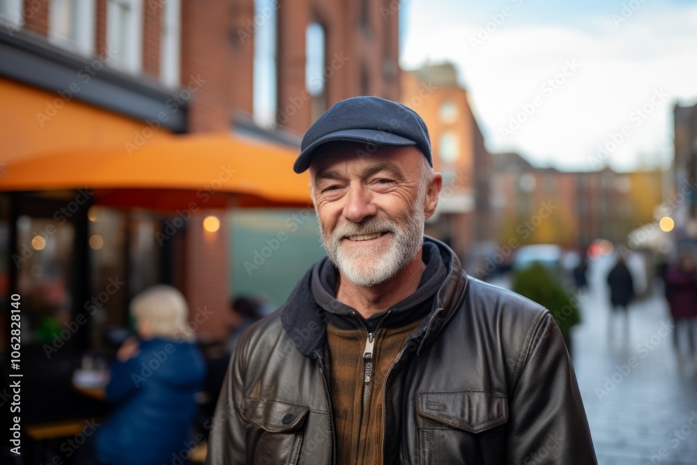 Portrait of a senior man with gray beard and cap on the street in the city. Portrait of a senior man with gray beard and cap on the street in the city.