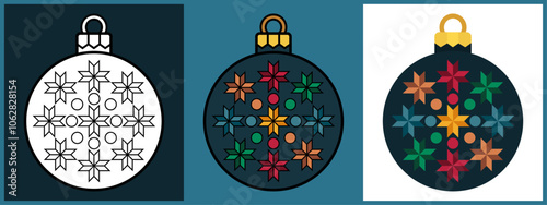 Christmas Ornament Balls with Arrow tail Brooches, Outline Coloring Flat style. Vector illustration.