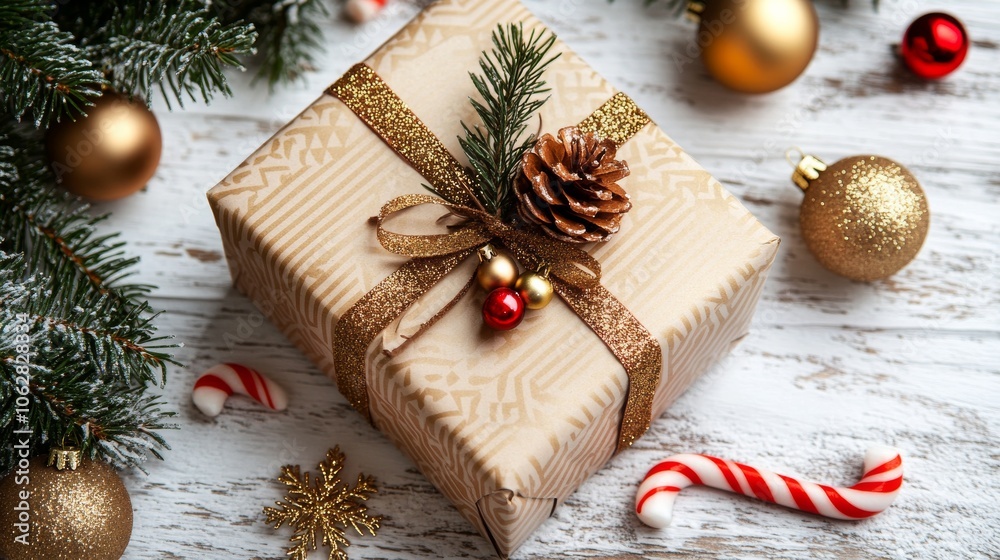 A beautiful Christmas gift box sits on a white wooden background. It's decorated with a candy cane, fir branches, festive paper, and gold ornaments. Happy Holidays! A beautiful Christmas gift box sits on a white wooden background. It's decorated with a candy cane, fir branches, festive paper, and gold ornaments. Happy Holidays!