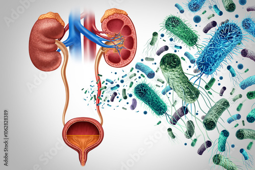 Wallpaper Mural Urinary Tract Bacterial Infection or UTI anatomy caused by bacteria as E coli with the kidneys ureters bladder and the urethra as Urethritis Cystitis Pyelonephritis and Ureteritis. Torontodigital.ca
