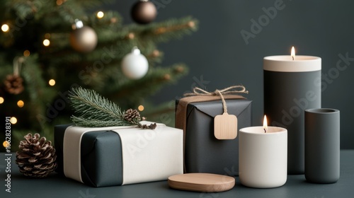 Elegant christmas gift arrangement with candles and pine decorations